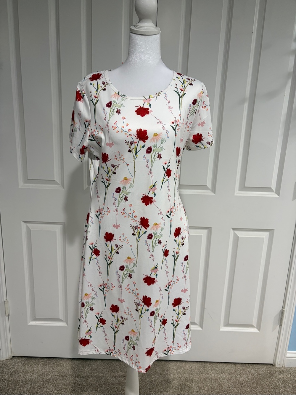 Amazon White Midi Dress with Red Floral Print